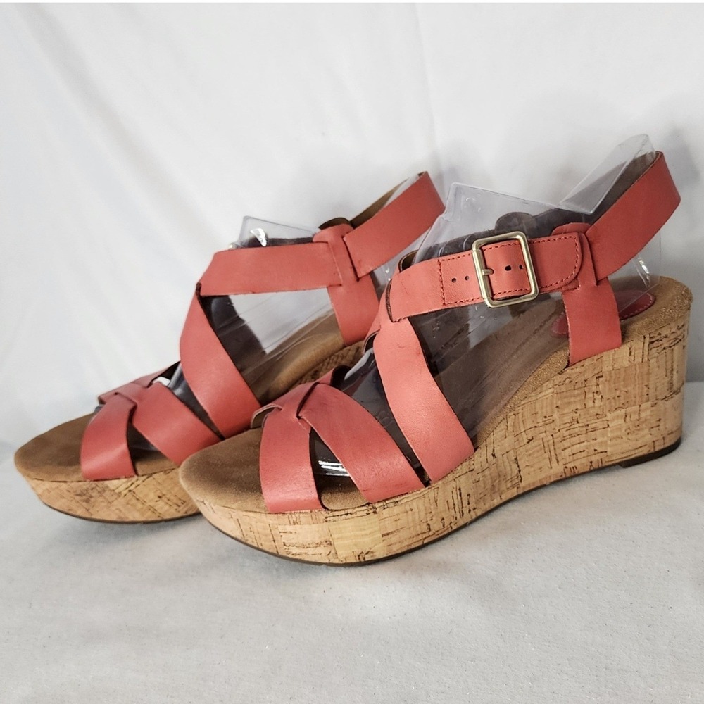 Clarks Artisan Womens 9.5M Coral Pink Leather Cork Wedge Sandals 26066634 - Picture 3 of 7